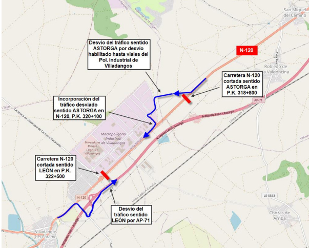 Afectación al tráfico en la carretera N-120 por las obras del ramal de acceso ferroviario en Villadangos del Páramo