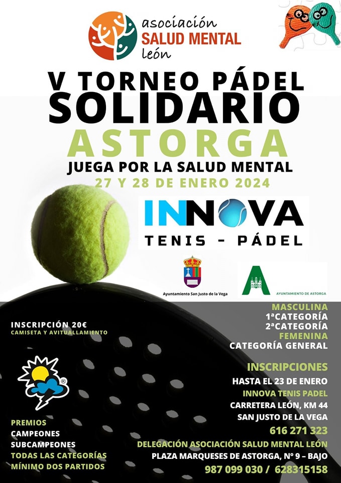 El V Torneo de Pádel Solidario por la salud mental se disputará el 27 y 28 de enero